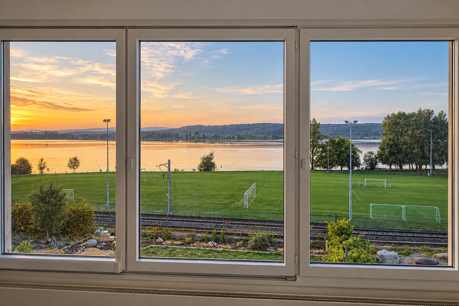 Lumière dorée sur le lac de Bienne depuis les fenêtres du salon